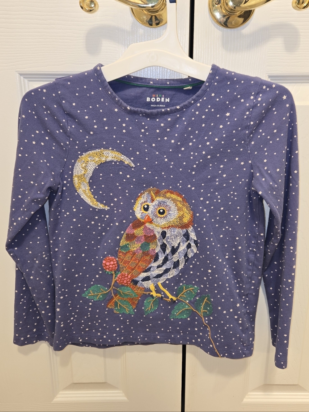 Boden Blue Long-Sleeve Top with Owl and Moon